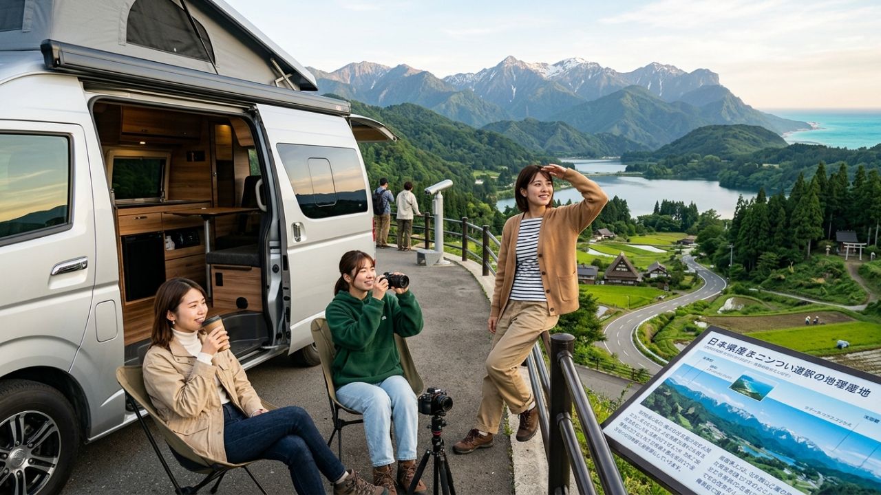 A camper van parked in a beautiful rural setting in Japan with Mt. Fuji in the distance under clear blue skies.