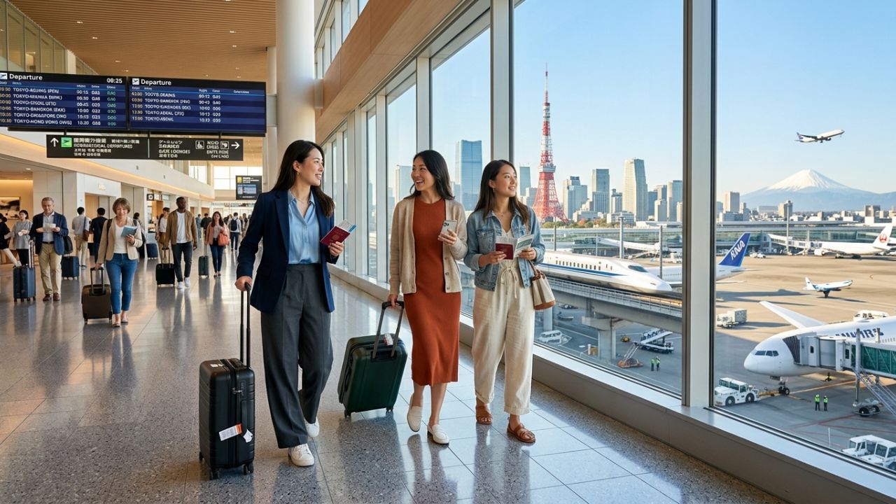 A busy terminal at Tokyo Haneda Airport with international travelers walking past boarding gates under bright modern architecture.