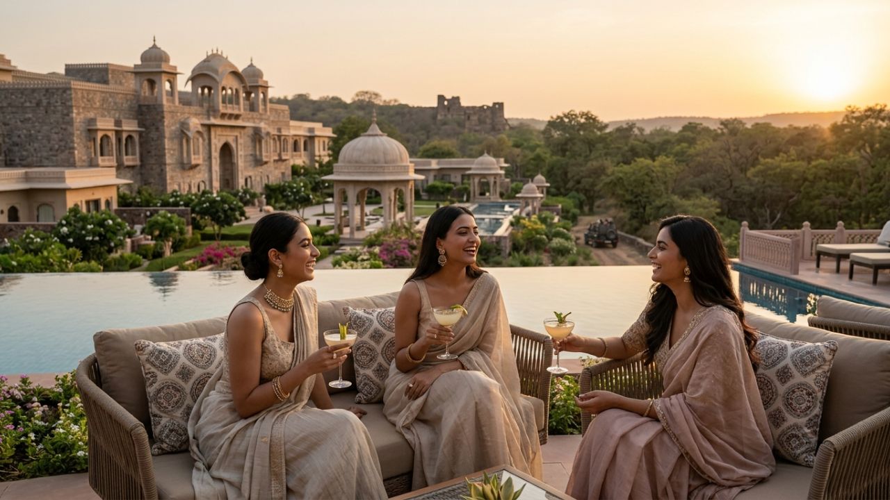 A luxurious safari resort in Rajasthan, India, overlooking a scenic lake and the wild Ranthambore landscape during a golden sunset.