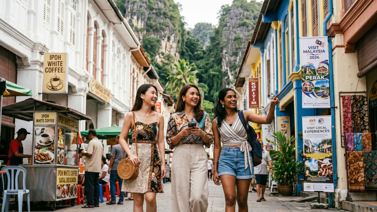 A scenic view of a historical street in Ipoh, Perak, Malaysia, with colonial-style buildings and local culture.