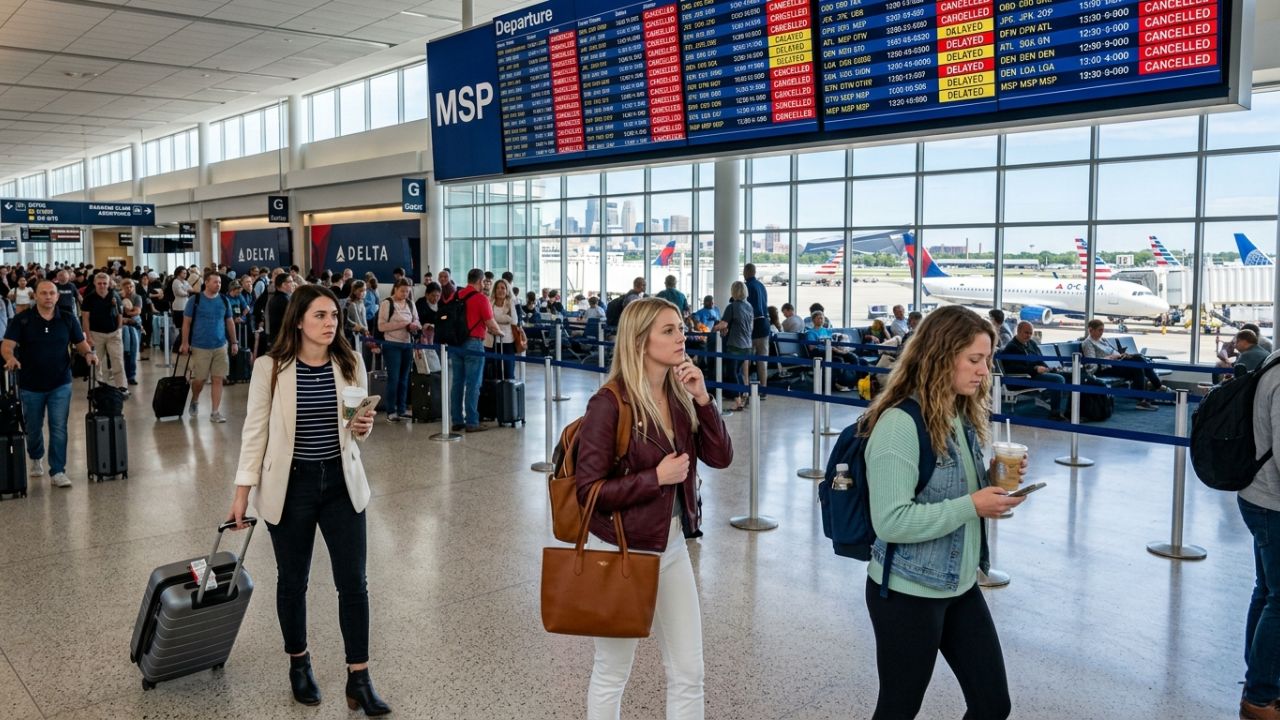A crowded terminal at Minneapolis-St. Paul International Airport with passengers waiting at gate seating areas during flight delays.
