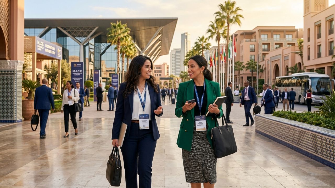 A modern conference center exterior with Moroccan architectural details under clear skies, highlighting business travel expansion.
