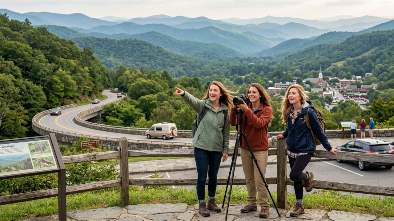 A beautiful wide-angle shot of a winding road along the Blue Ridge Parkway with green forested mountains under a clear sky.
