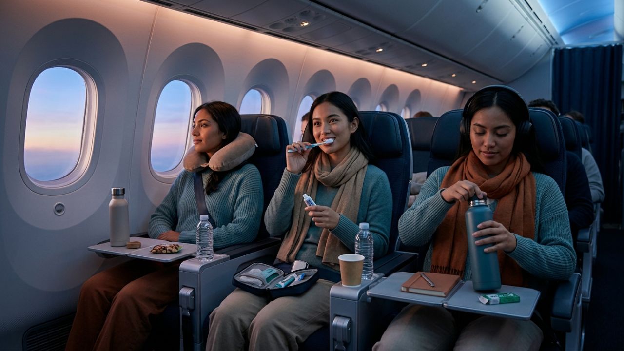 A passenger sleeps in an airplane cabin seat during a night flight under soft blue lighting.