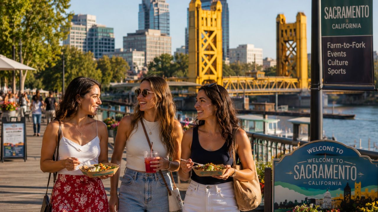 A vibrant outdoor culinary festival under sunny skies in Sacramento, showcasing local farm-to-fork produce and crowds of visitors.