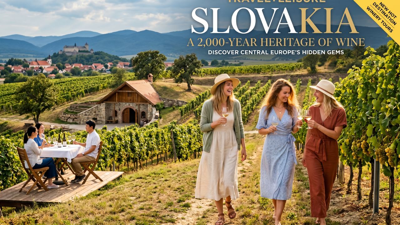 A scenic view of lush Slovak vineyards under a blue sky, representing wine tourism in Slovakia and local heritage.