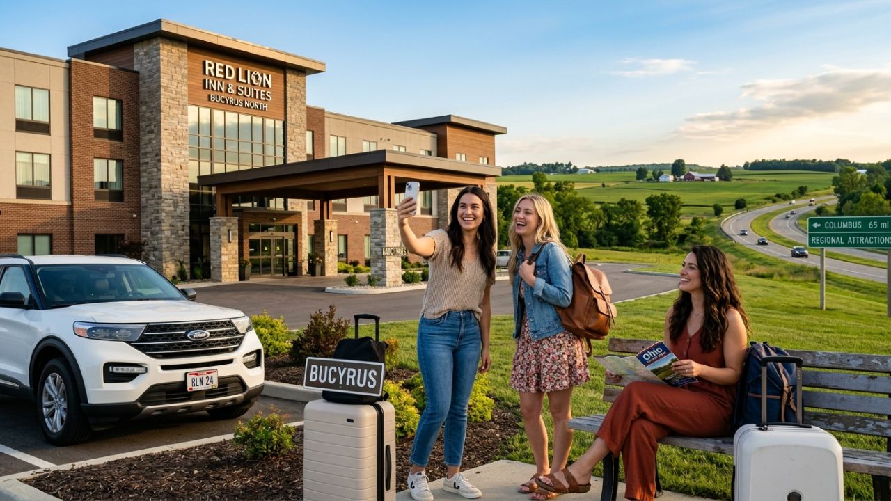 A welcoming modern midscale hotel exterior in a charming Midwestern town during the day under clear skies.