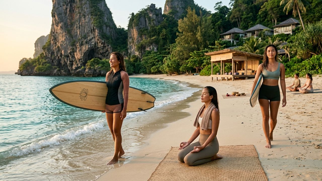 A traveler carrying a surfboard along Memories Beach in Phang-nga Thailand representing wellness tourism