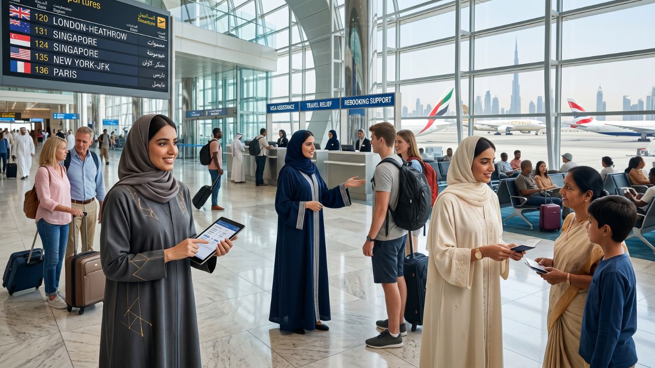A view of a modern departure terminal at Dubai International Airport, representing passenger transit and immigration adjustments.