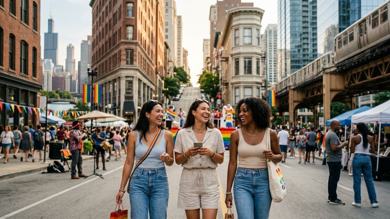 A vibrant Pride parade march in a major U.S. city representing inclusive summer tourism