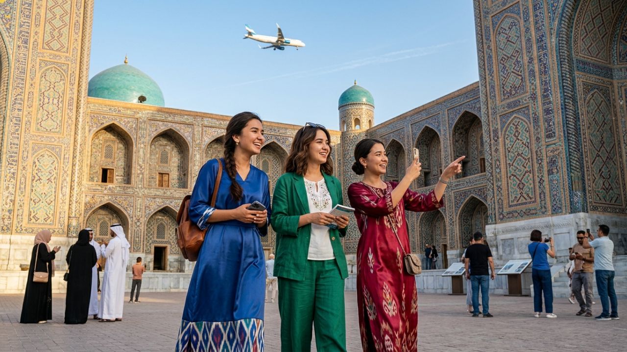 The beautiful Registan Square in Samarkand, Uzbekistan under a warm sunset sky, representing Silk Road heritage.