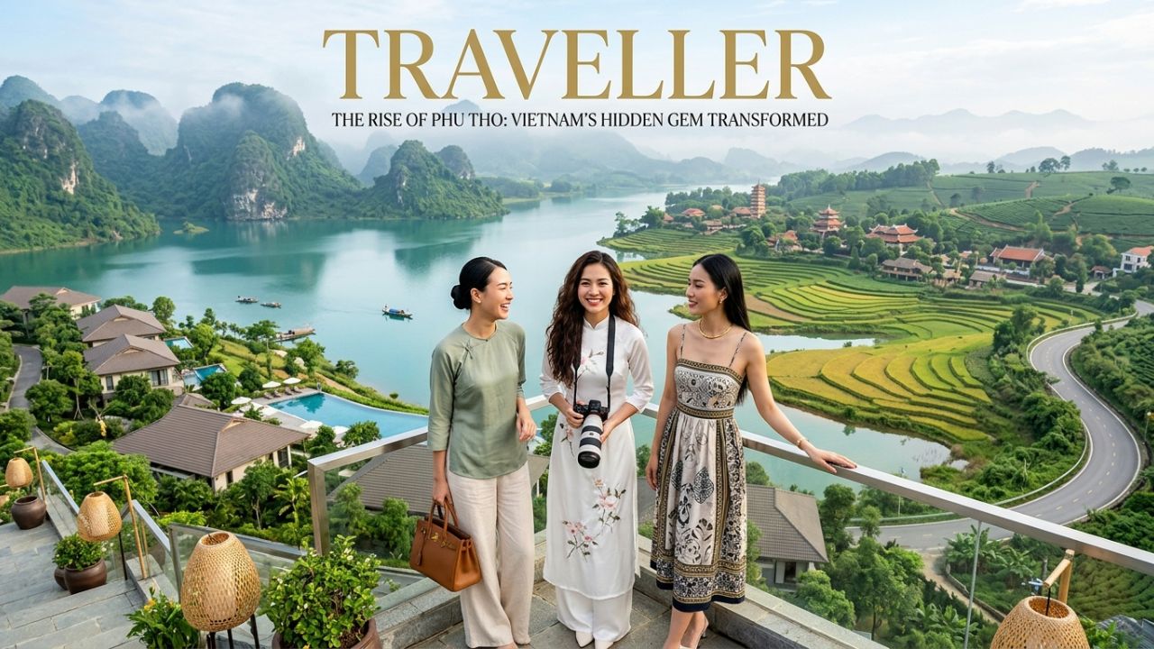 A modern eco-resort nestled on a green hillside overlooking a tranquil lake in northern Vietnam, representing Phu Tho's luxury tourism growth.