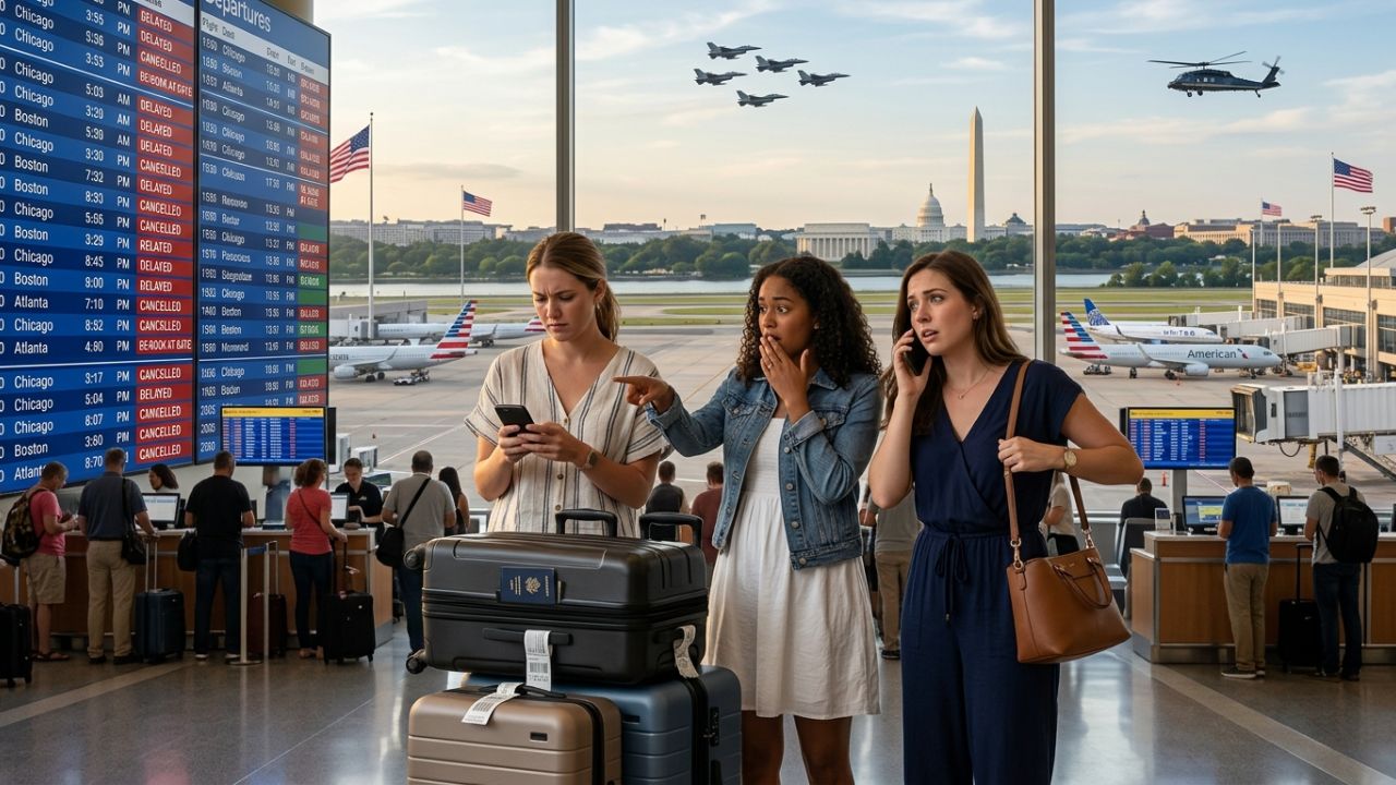 A wide-angle travel photograph of Ronald Reagan Washington National Airport terminal during a busy holiday period, with holiday banners, passengers walking with suitcases, and airplanes visible on the tarmac