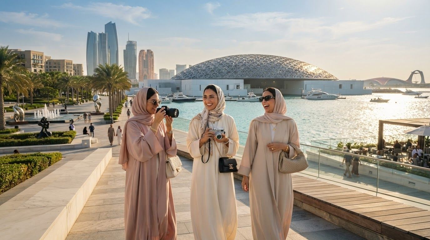 A majestic view of Louvre Abu Dhabi dome with reflection on clear blue water, illustrating cultural tourism.