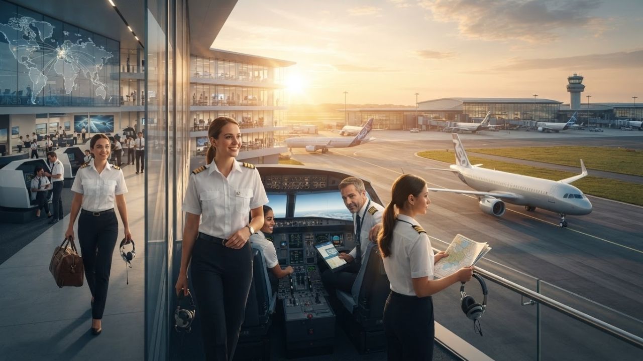A student pilot receiving professional flight instruction in a modern commercial aircraft flight simulator.