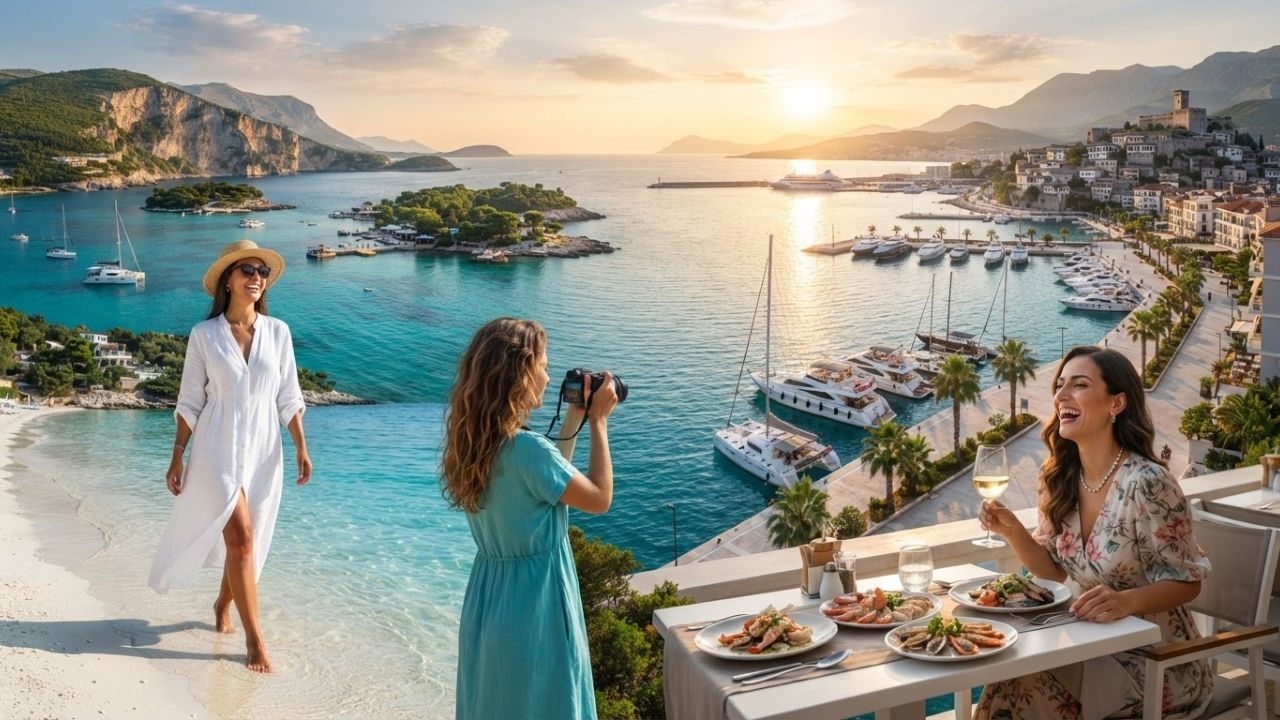 A photorealistic view of historic coastal ruins in Ksamil overlooking turquoise sea waters, depicting Balkan tourism growth.