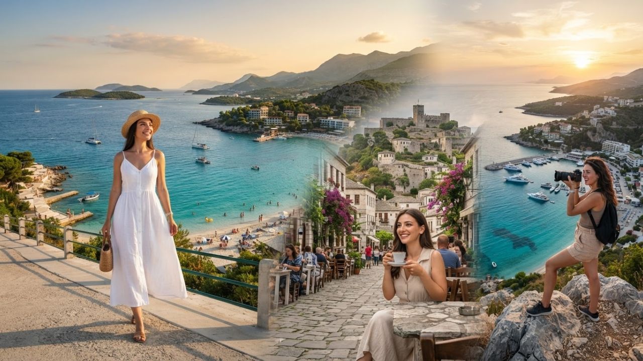 Panoramic view of the Albanian Riviera coastline with turquoise Mediterranean waters, beach umbrellas, and coastal mountains.