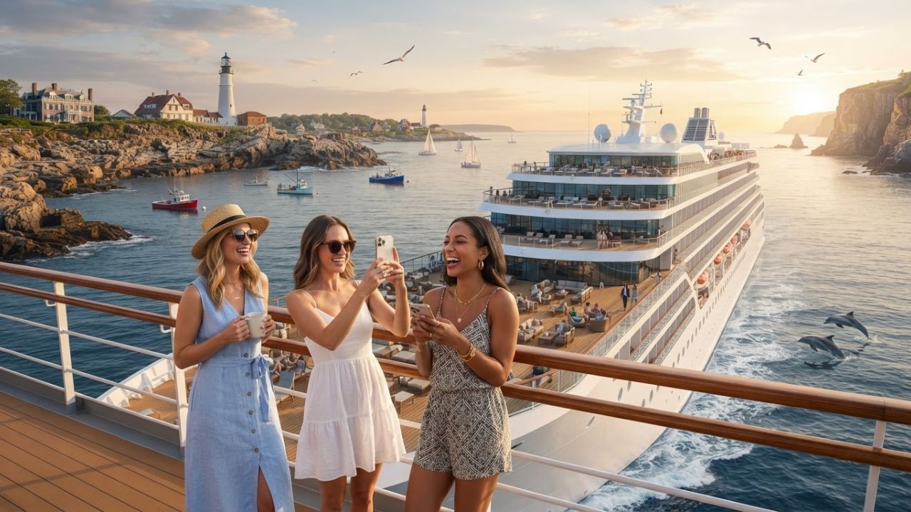 A boutique cruise ship sailing along a scenic New England coastline during the summer season.