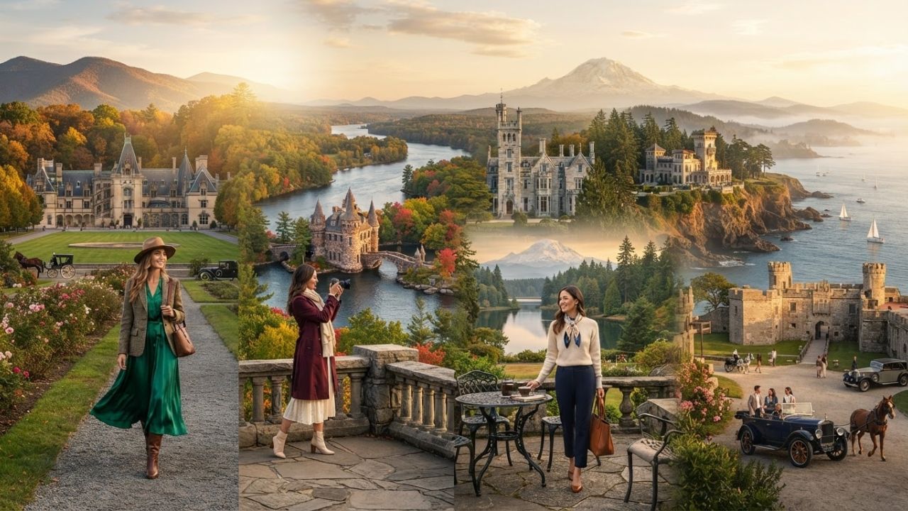 A photorealistic depiction of a grand European-style castle surrounded by dense forest under clear autumn skies.