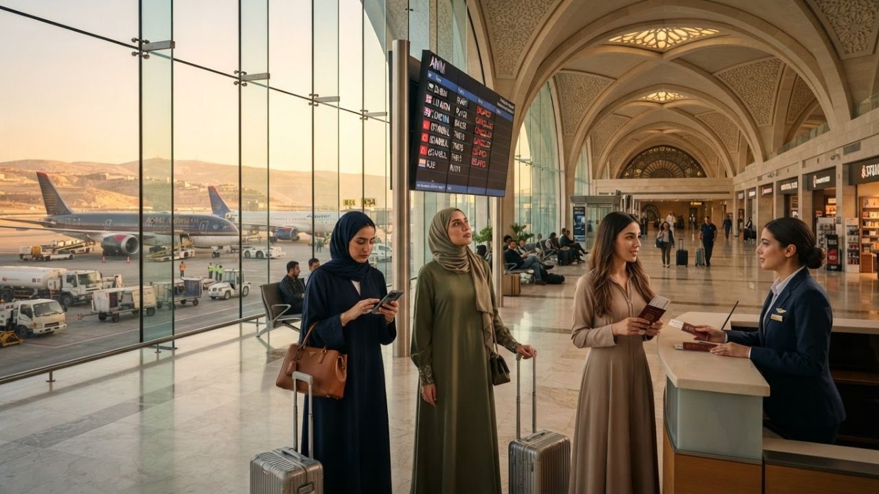Aviation terminal screens showing cancelled flights at Queen Alia International Airport in Amman