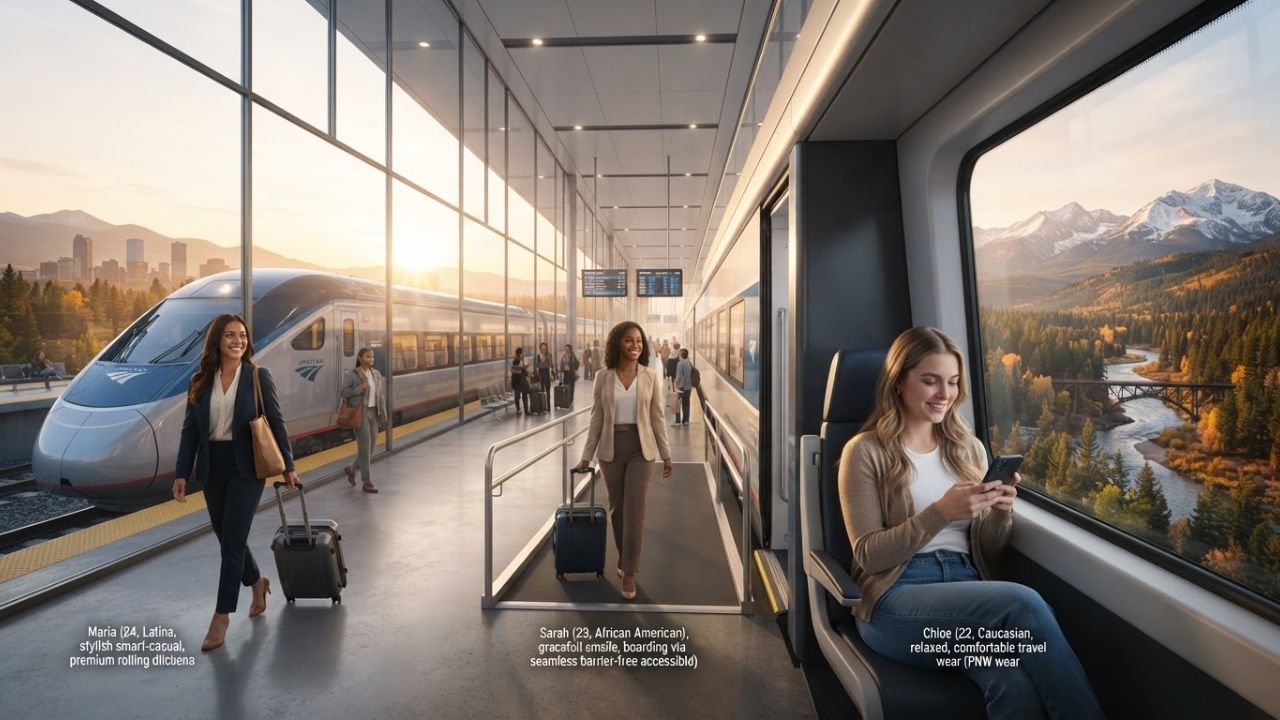 An accessible modern Amtrak train stopped at a newly renovated, ADA-compliant train station platform with elevators and modern passenger signage.