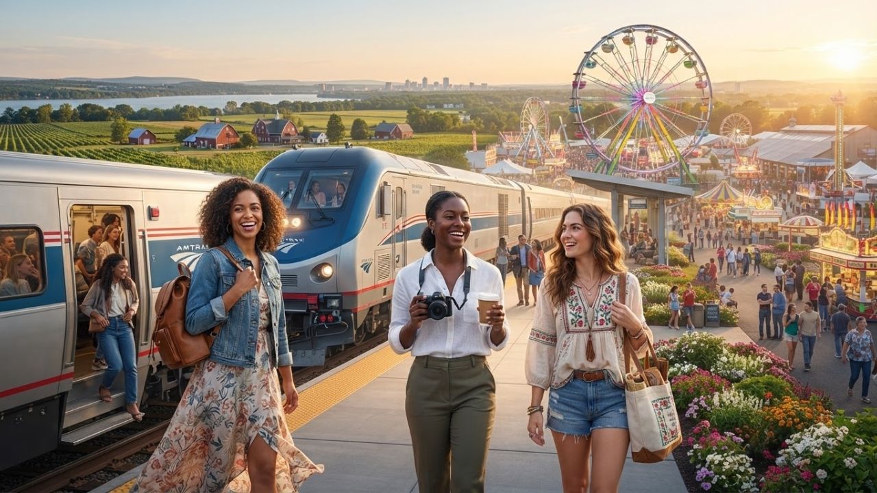 A sleek modern passenger train with red and blue stripes parked at an open-air platform near a vibrant summer state fair featuring a giant Ferris wheel.