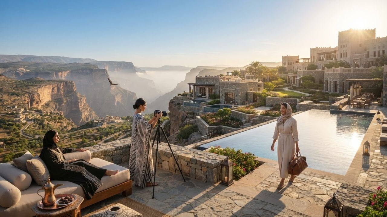 A luxury resort perched on the edge of a dramatic canyon in the Al Hajar Mountains of Oman under a clear sky.
