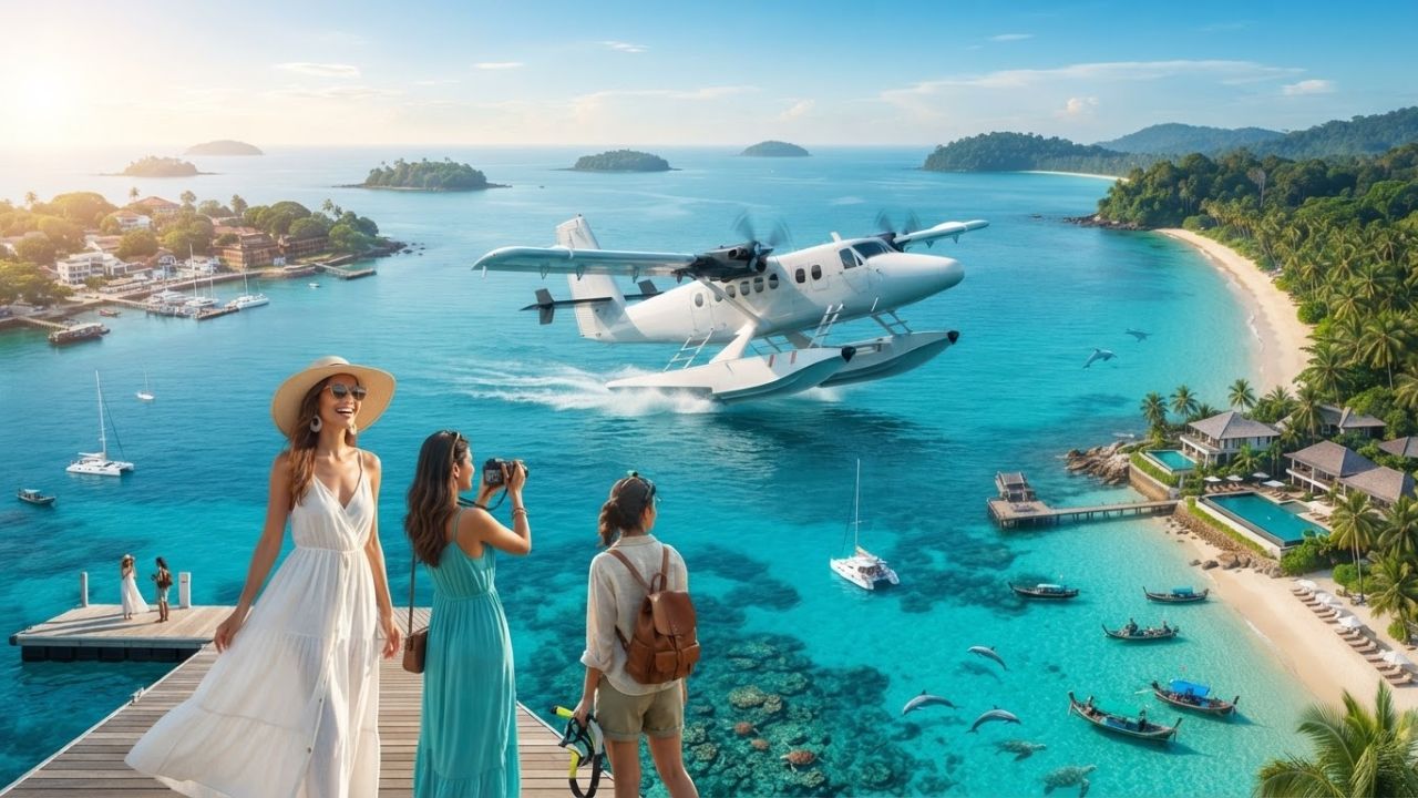 A panoramic aerial view of a seaplane flying over the turquoise waters of the Andaman Islands.