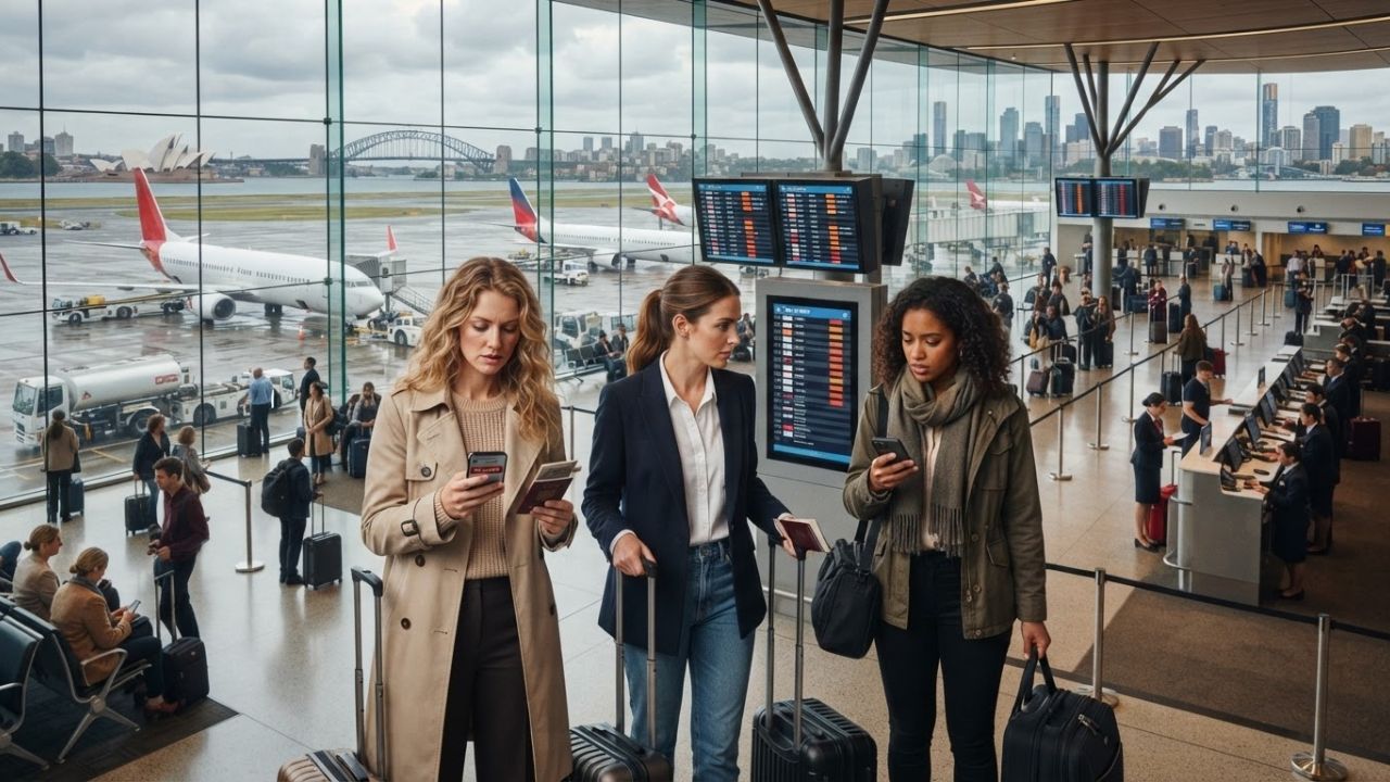 Passengers waiting in front of departure screens inside a crowded Australian airport terminal.