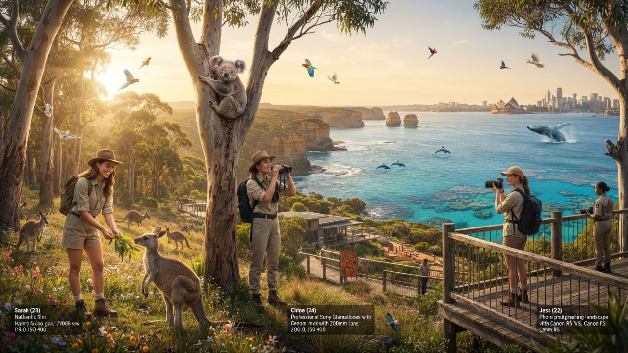 An Australian kangaroo and koala in a lush natural landscape highlighting native wildlife tourism in 2026.