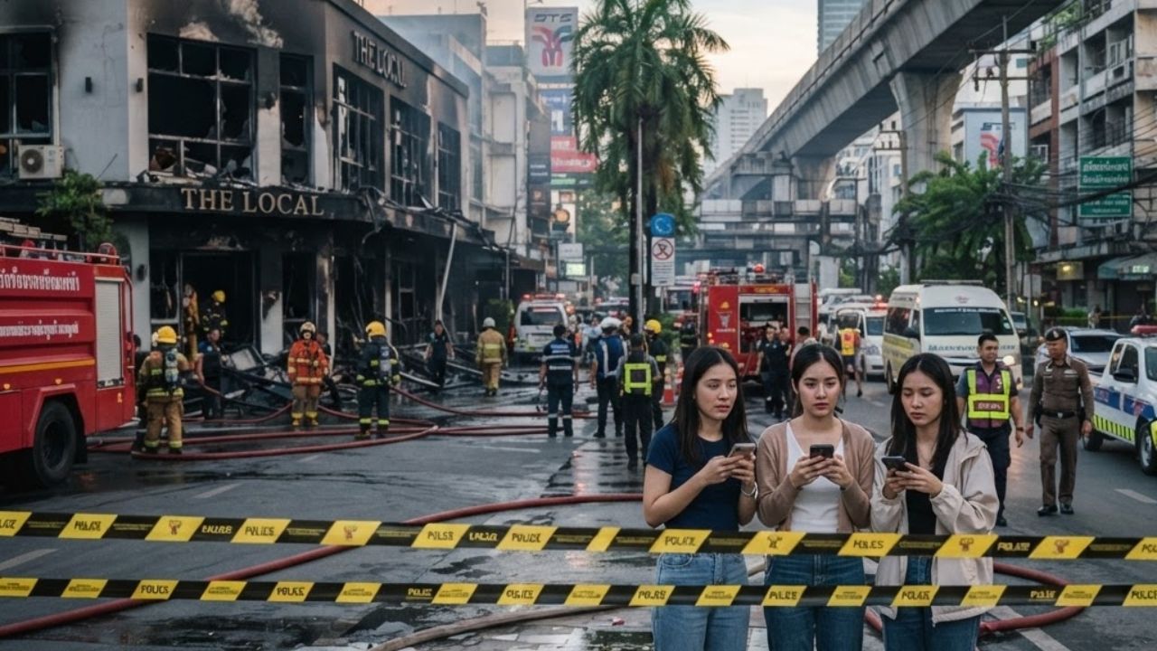 Emergency vehicles with flashing red and blue lights parked outside a damaged commercial building in Bangkok at night