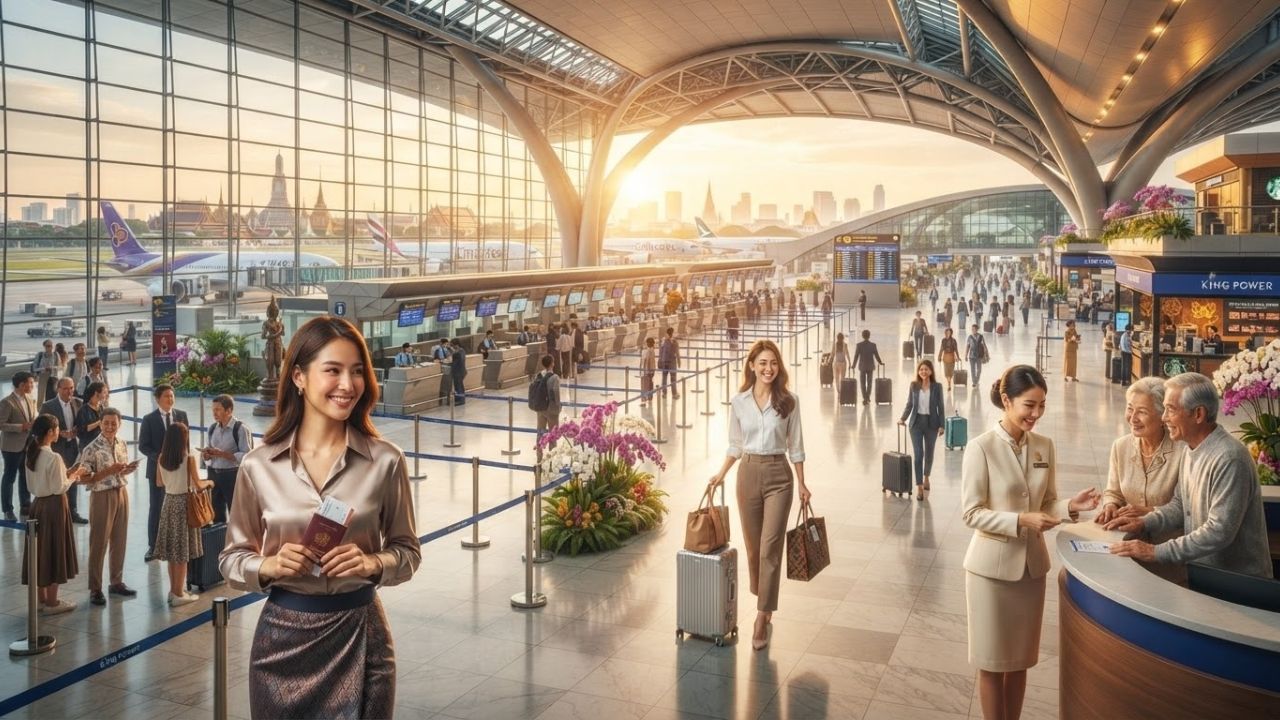 Crowded immigration hall with international travelers waiting in line at Suvarnabhumi Airport in Bangkok