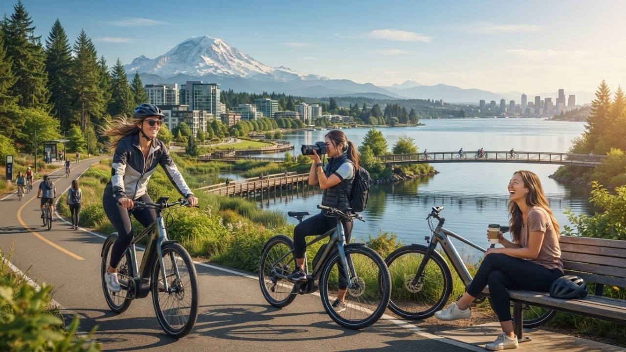 A traveler riding a sleek electric bicycle along a lush green path with Bellevue's skyline visible in the background under a clear sky.