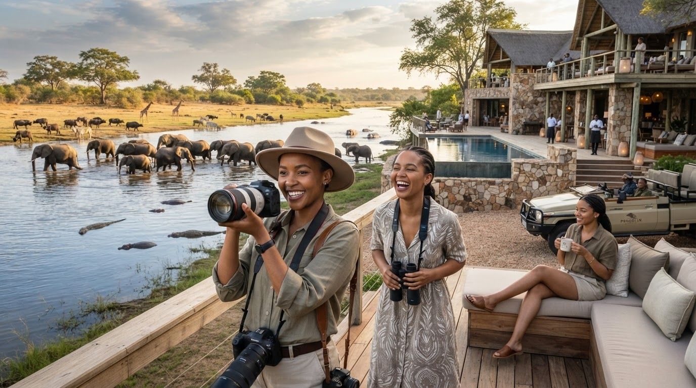 A solo traveler photographing elephants along the Chobe River in Botswana.