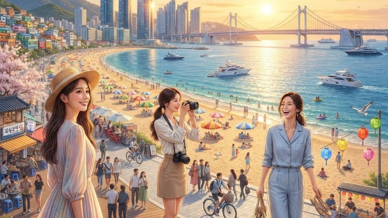 A stunning panoramic view of the Busan city skyline meeting the ocean at sunset, showcasing the Gwangandaegyo Bridge and seaside buildings, representing coastal tourism in South Korea.