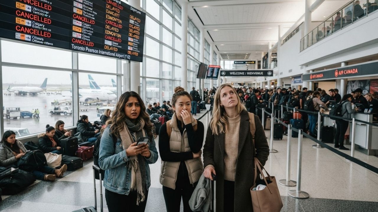 A crowded departure hall at a Canadian airport with travelers waiting near gates and flight monitors showing delays