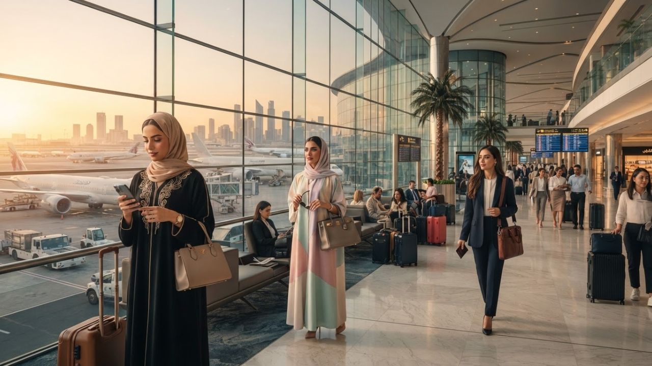 A photorealistic view of commercial aircraft at a major modern airport in the Gulf region during twilight.