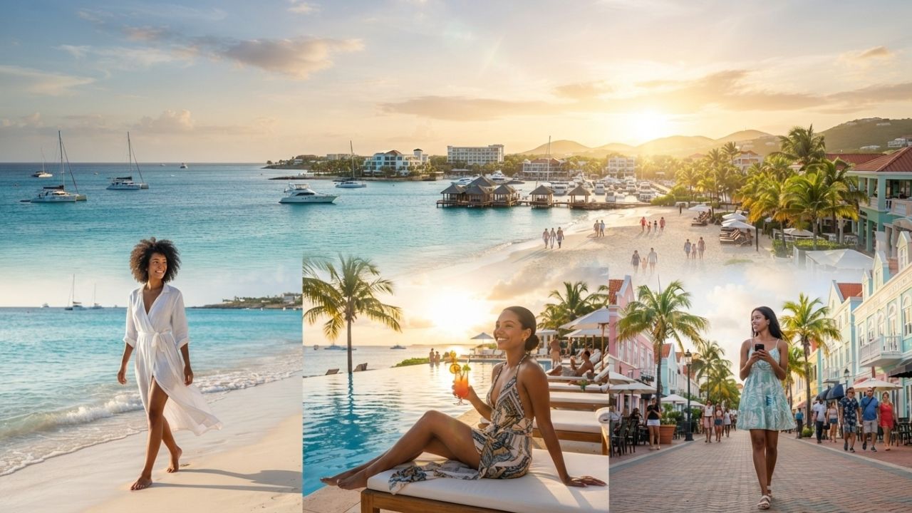 A tropical Caribbean beach with crystal clear turquoise water, palm trees, and a commercial airliner flying overhead.