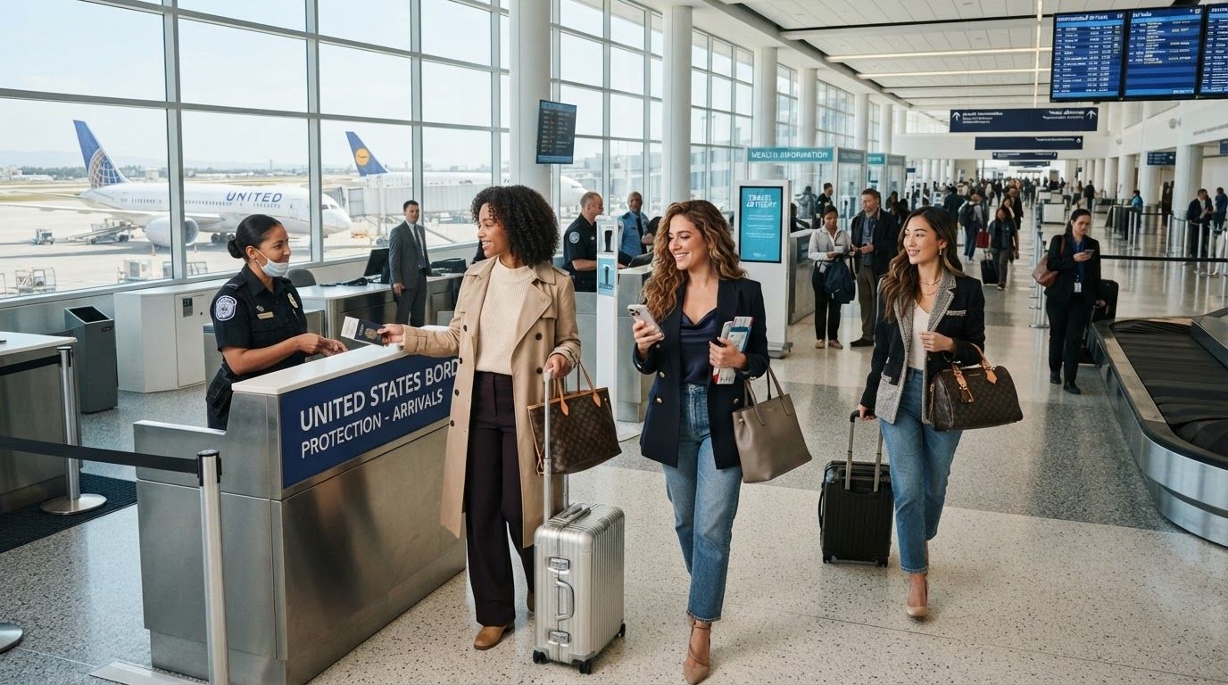 A traveler undergoing health screening at a US international airport terminal.