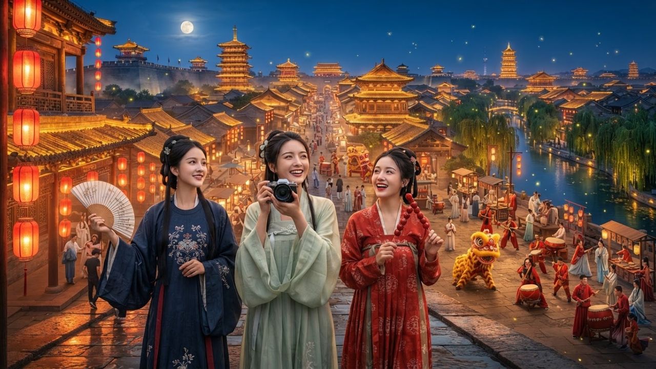 A scenic night view of the illuminated ancient city walls of Daming, with visitors in traditional Hanfu walking under glowing red lanterns.