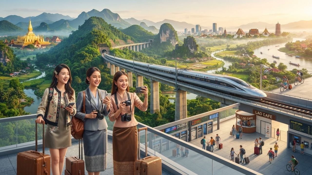 A high-speed train traveling through lush green mountains and scenic bridges in Laos.