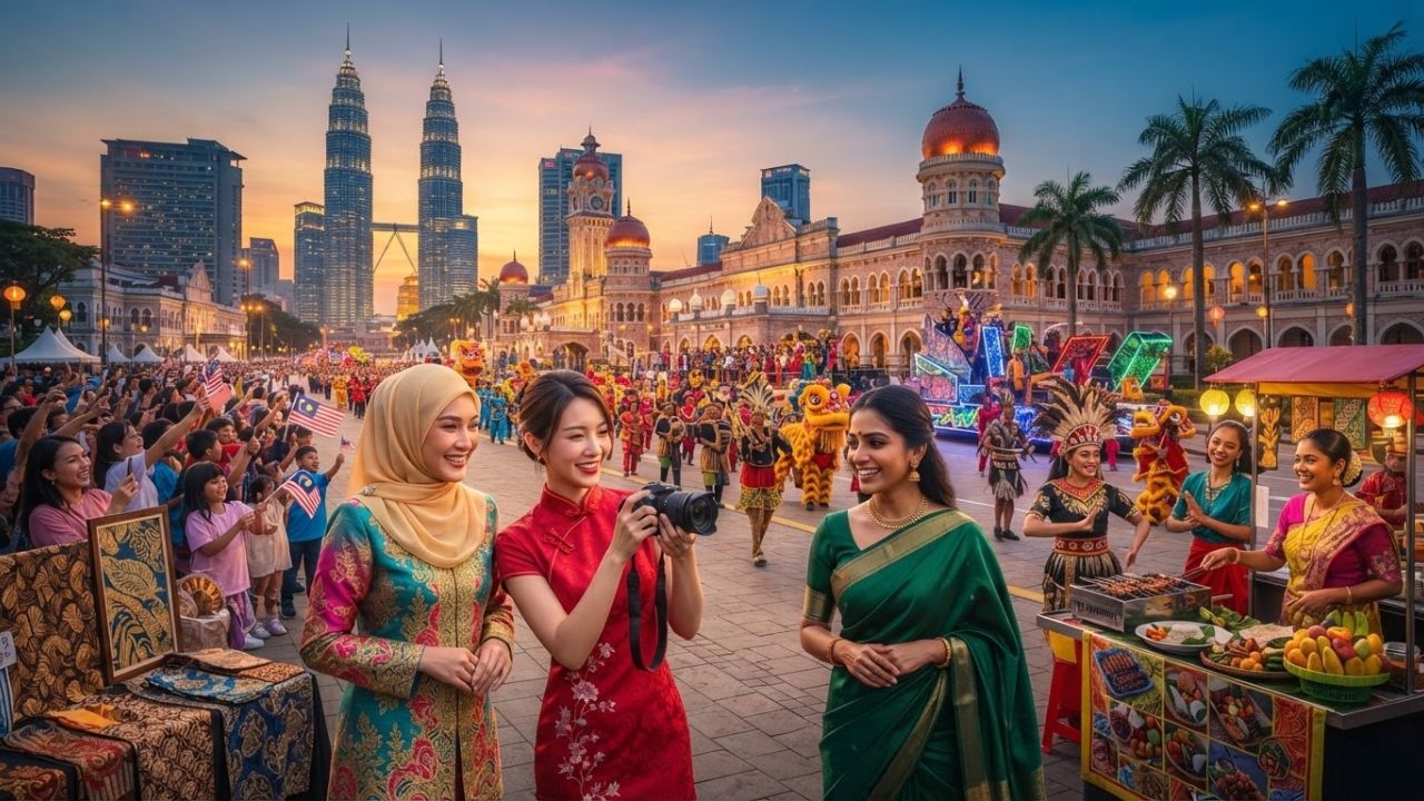 A vibrant travel photograph showing a colorful multicultural parade in front of the Sultan Abdul Samad Building at Dataran Merdeka, Kuala Lumpur, representing cultural tourism in Malaysia.