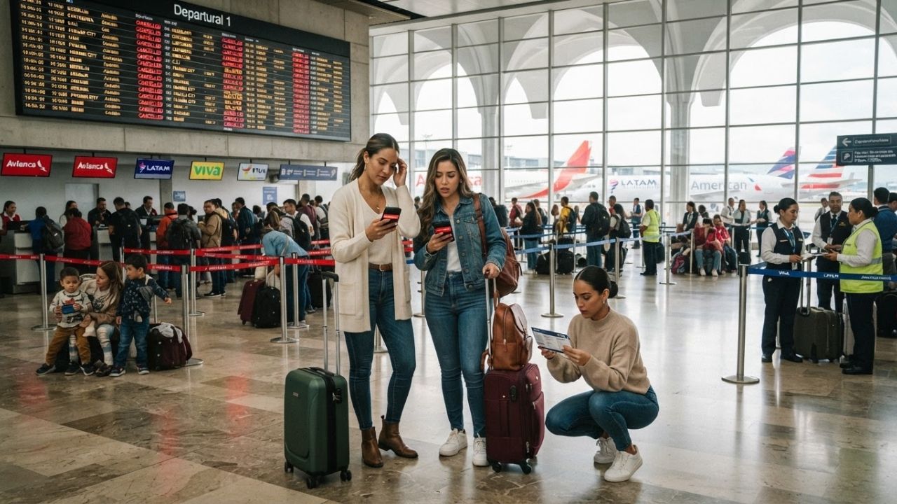 A busy terminal hall at Bogotá's El Dorado Airport with passengers waiting near gates and flight departure monitors showing delays