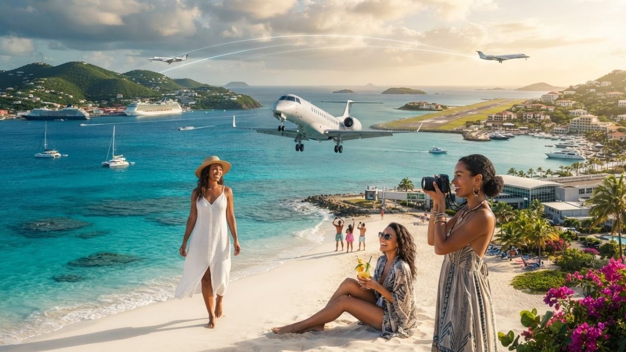 A sleek regional jet flying over crystal-clear turquoise Caribbean waters near tropical islands under a blue sky with soft white clouds.