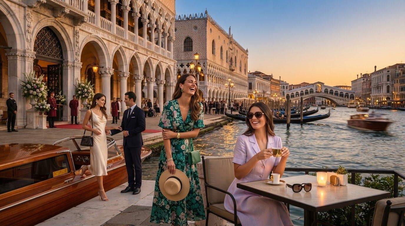 A majestic view of Venice canals with historic architecture and luxury water taxis, illustrating luxury tourism.