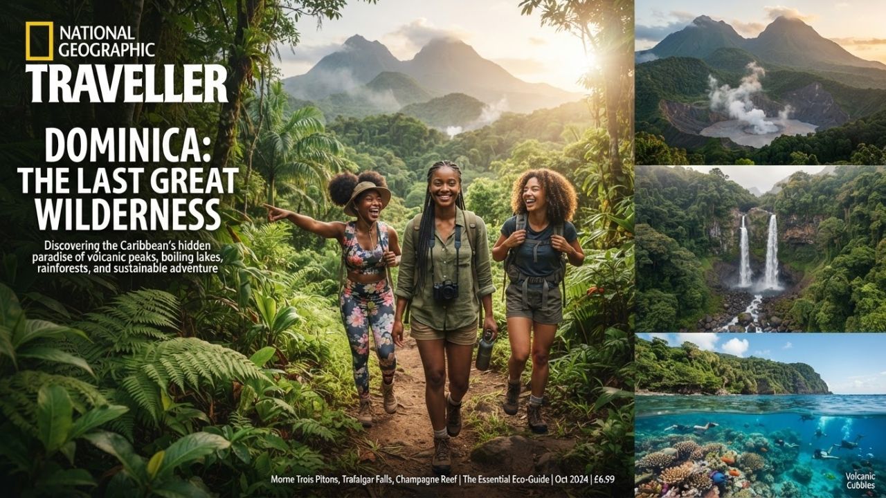 A lush volcanic landscape in Dominica featuring steaming hot springs and dense tropical forests under a soft sky.