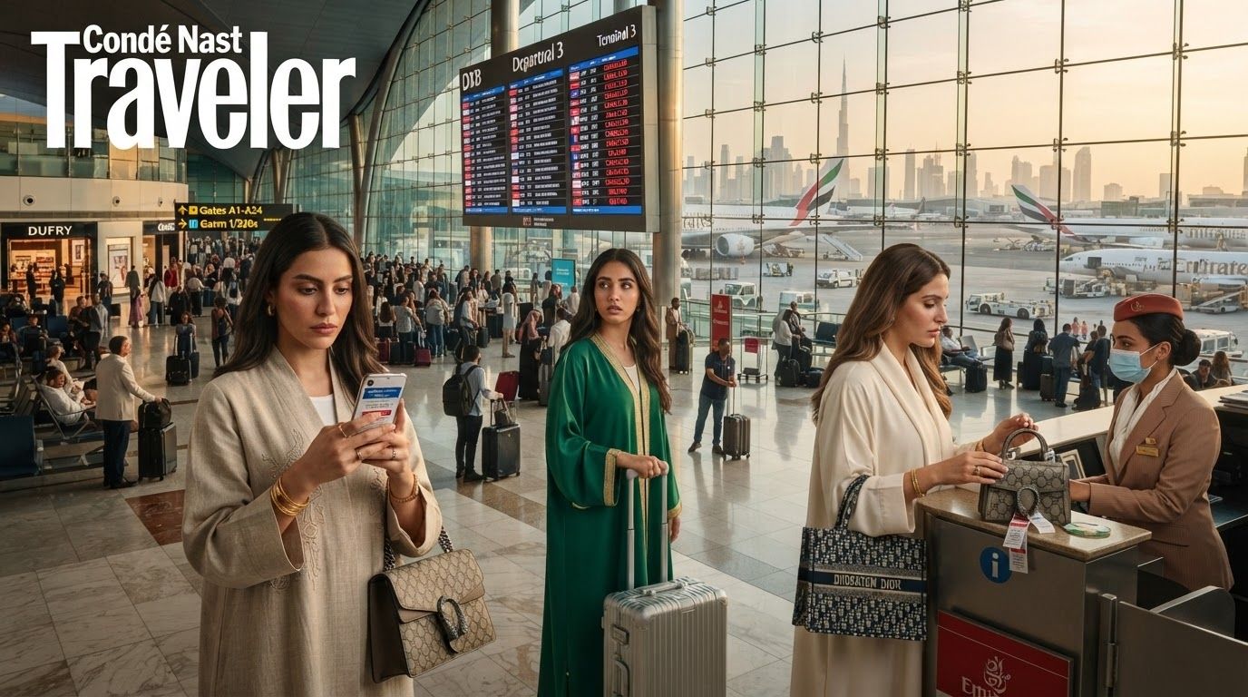 A terminal information screen showing cancelled flights at Dubai International Airport