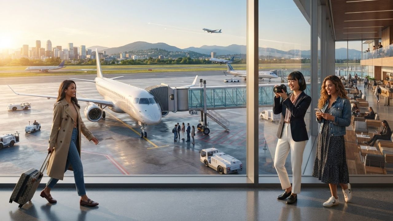 A photorealistic depiction of a modern regional narrowbody passenger aircraft flying over lush landscape under clear blue skies.