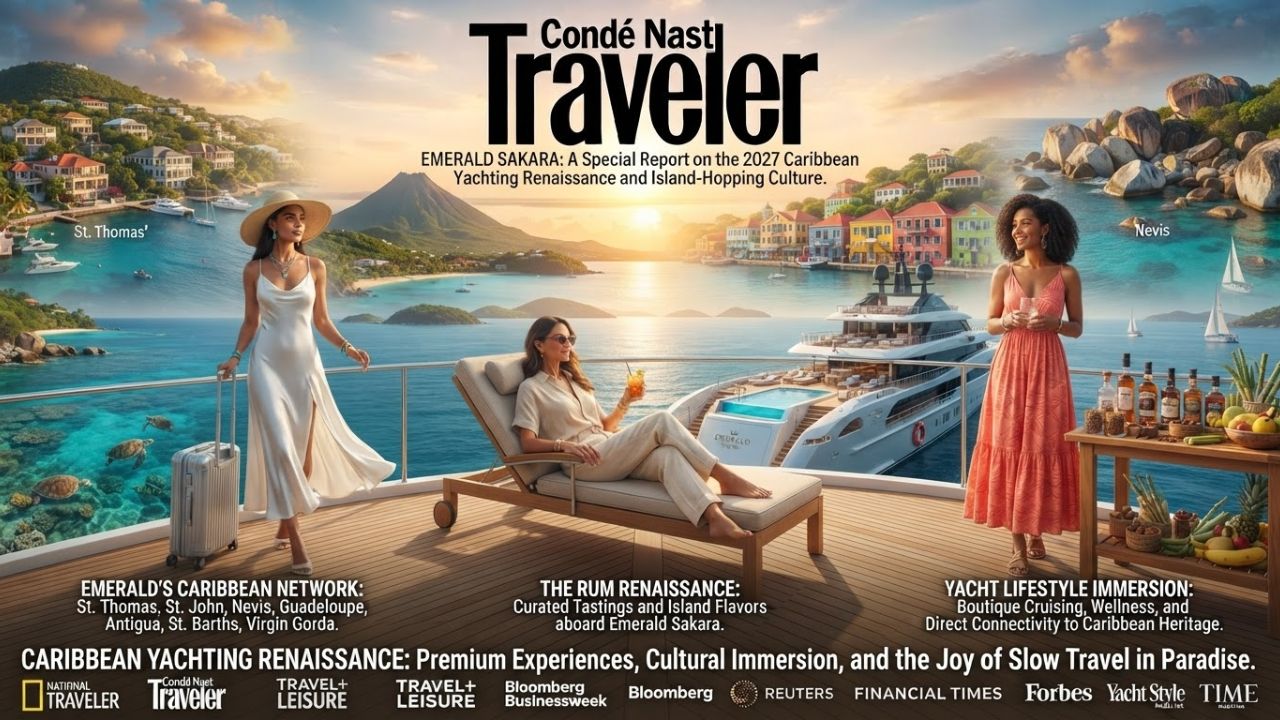A sleek modern luxury yacht sailing through turquoise Caribbean waters near tropical islands, illustrating the premium cruise experience.