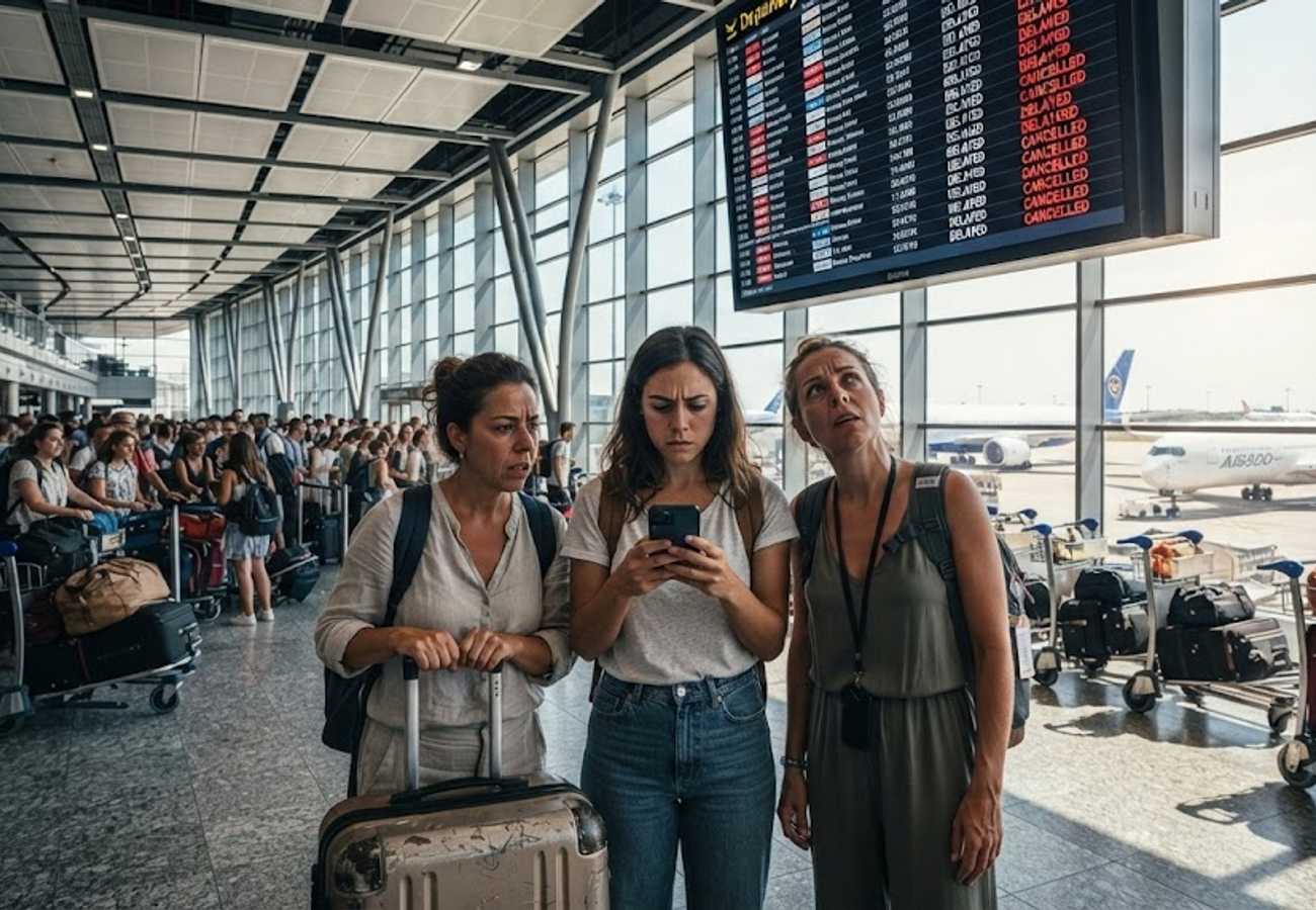 Busy airport terminal during peak summer travel season with crowded check-in counters and departures board